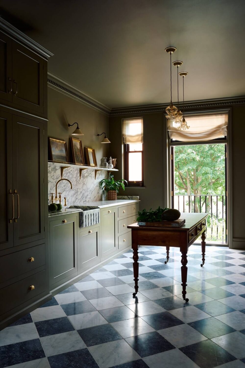 An All-Green deVOL Kitchen with A Marble Checkerboard Floor 1 marble-checkerboard-floor-green-kitchen-historic-apartment-nordroom