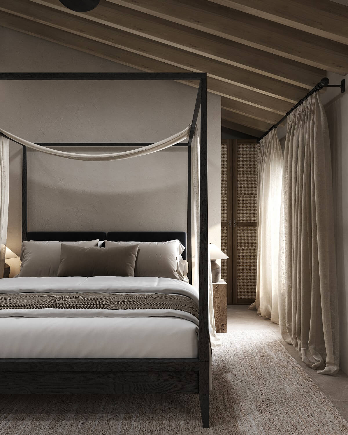 A Renovated Townhouse on Mallorca with a Swimming Pool 14 master-bedroom-canopyvbed-slanted-ceiling-wooden-beams-nordroom
