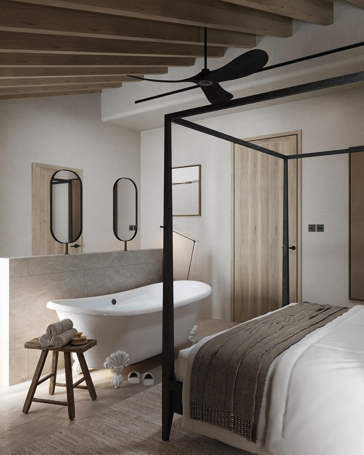 A Renovated Townhouse on Mallorca with a Swimming Pool 15 master-bedroom-open-bathroom-freestanding-bath-nordroom