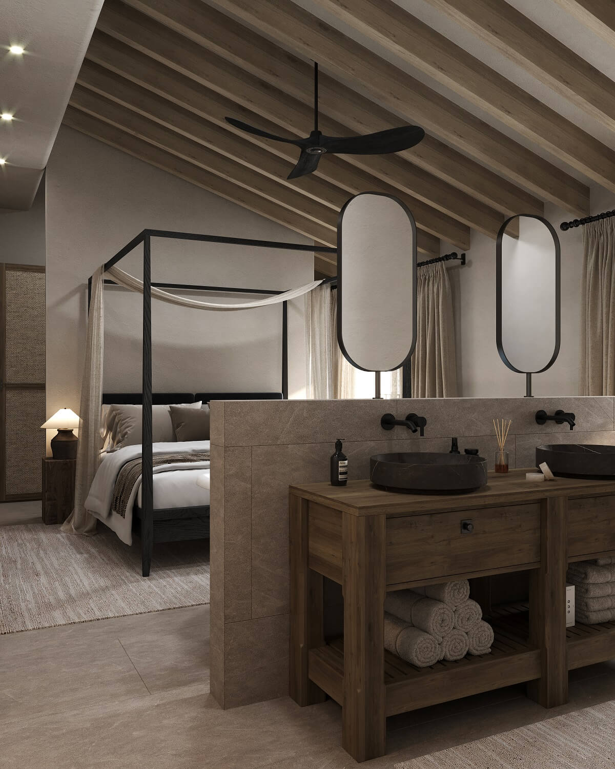 A Renovated Townhouse on Mallorca with a Swimming Pool 13 master-bedroom-with-open-bathroom-wooden-vanity-double-sink-nordroom
