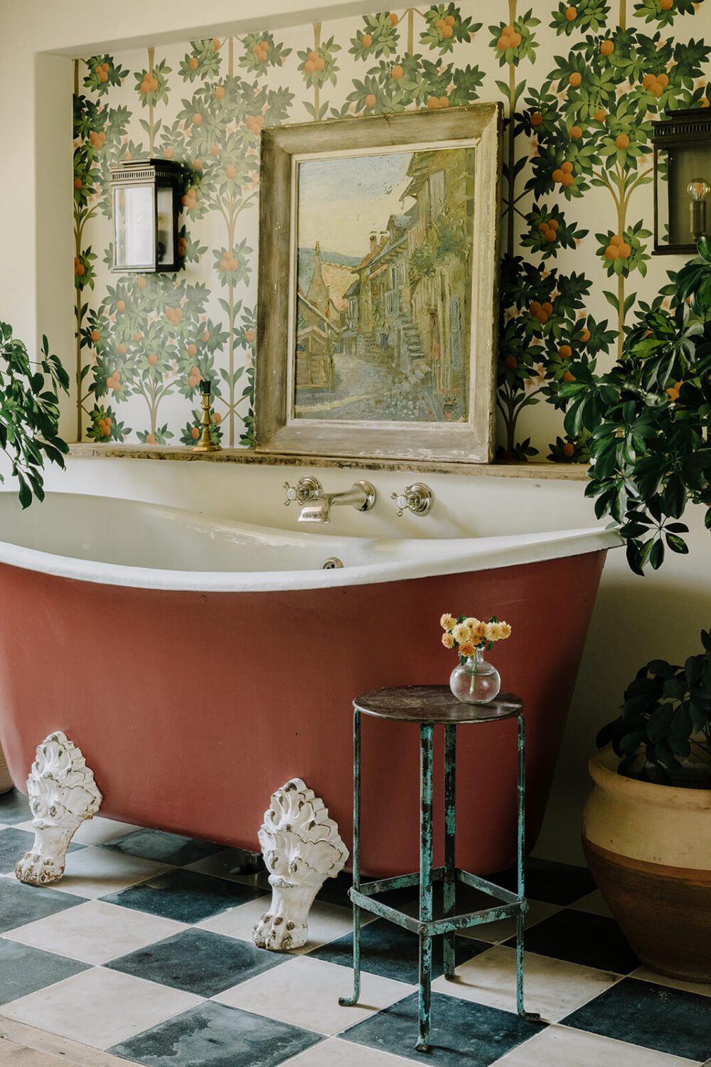 50 Bathroom Wallpaper Ideas Adding Color, Style, and Expression 23 pink-clawfoot-bath-checkerboard-floor-wallpaper-clarence-and-graves-nordroom