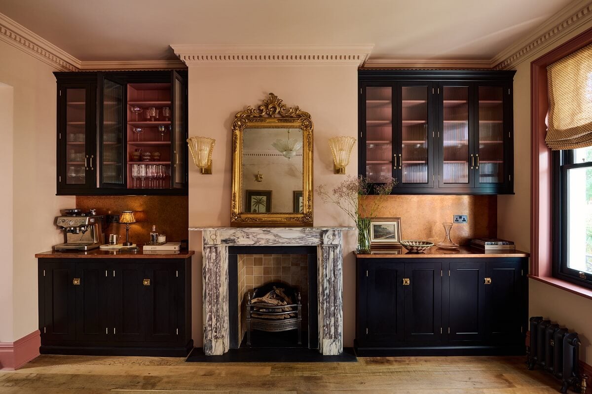 An All-Green deVOL Kitchen with A Marble Checkerboard Floor 19 pink-dining-room-marble-fireplace-home-bar-nordroom