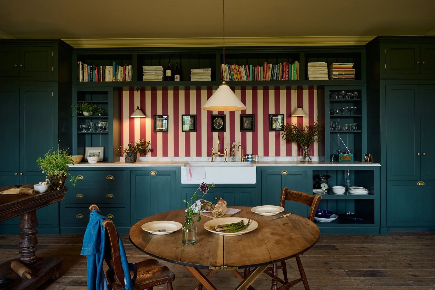 A Colorful deVOL Kitchen by Clarence & Graves 2 red-white-striped-backsplash-blue-classic-english-cabinets-nordroom