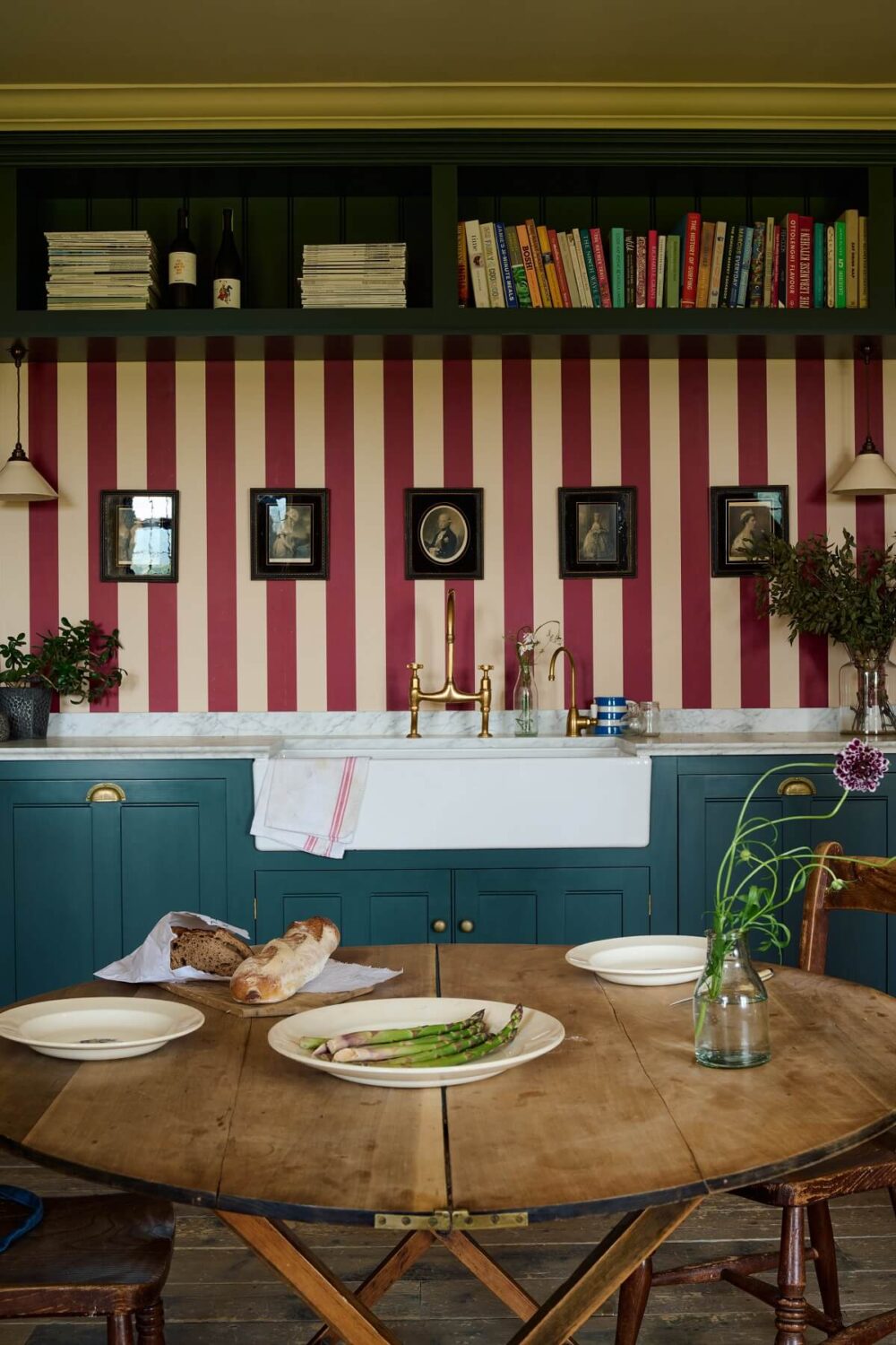 A Colorful deVOL Kitchen by Clarence & Graves 9 round-vintage-wooden-dining-table-red-white-wall-classic-english-kitchen-devol-nordroom