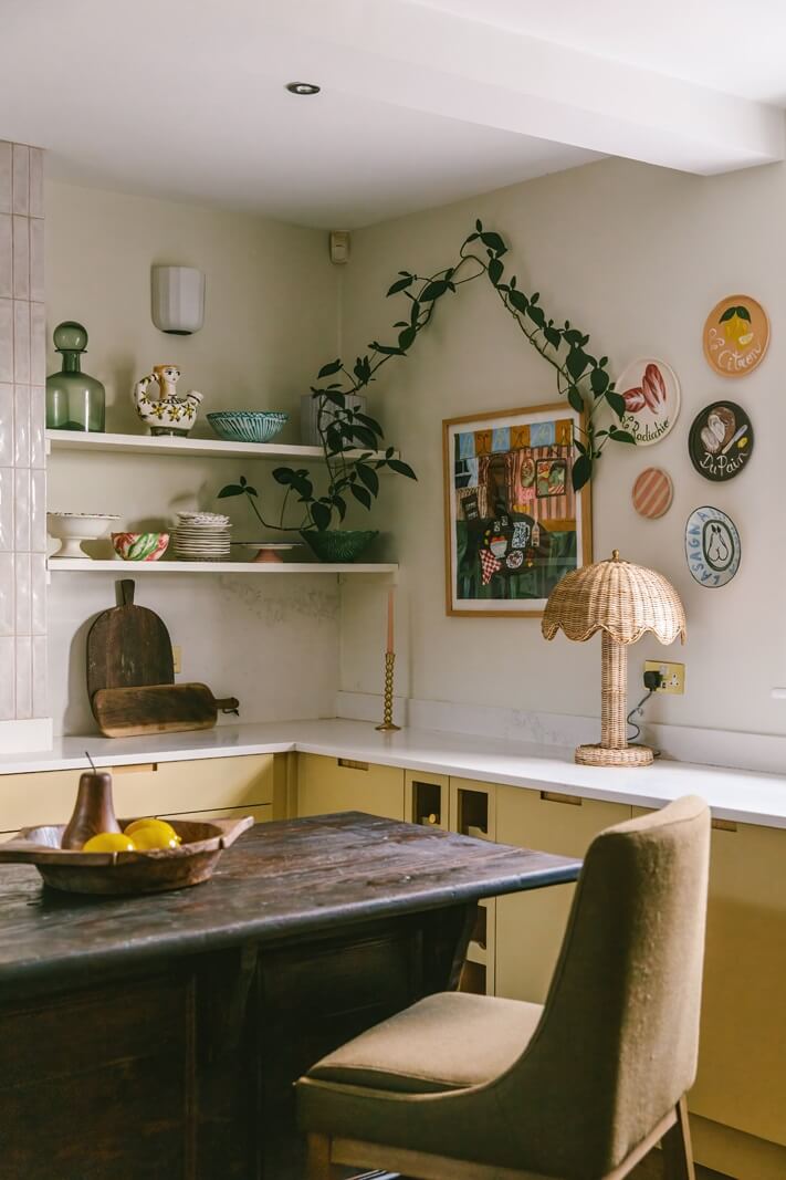 A Georgian House in England with Bold Color Pops 6 rustic-wooden-kitchen-island-yellow-cabinets-nordroom