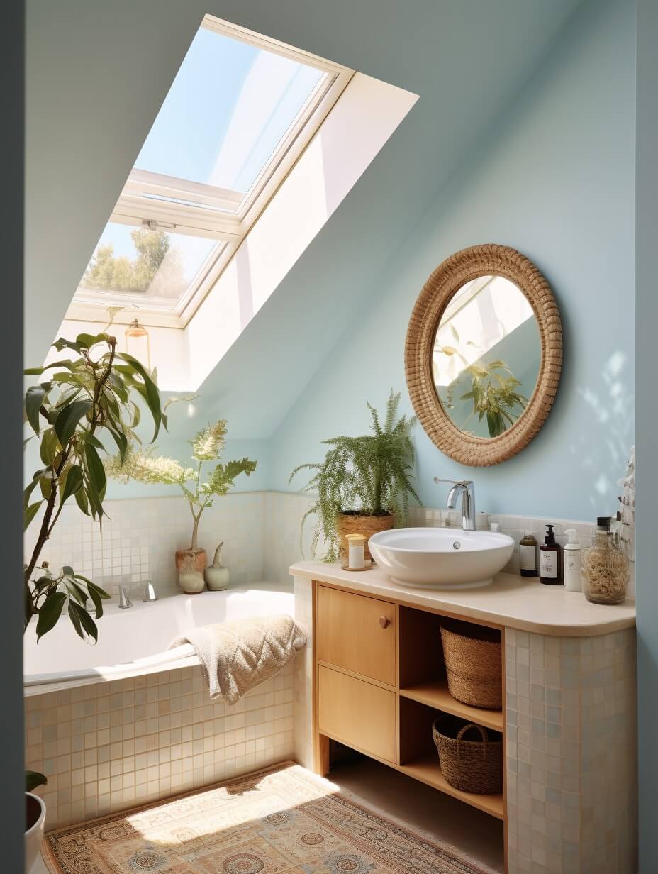 The Color Trends for 2024: Comforting Neutrals & Positive Accents 29 small bathroom pastel blue walls slanted ceiling skylight nordroom