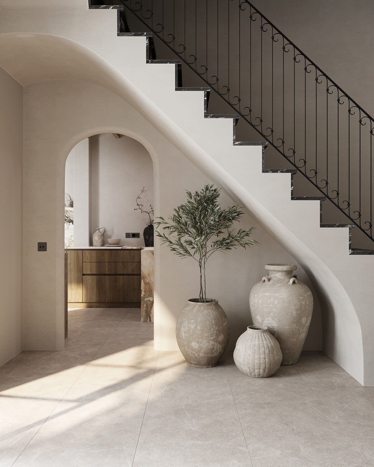 A Renovated Townhouse on Mallorca with a Swimming Pool 6 staircase-arched-entry-kitchen-nordroom