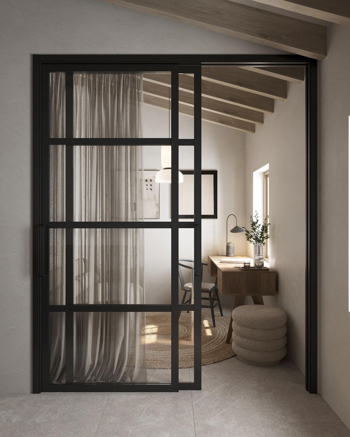 A Renovated Townhouse on Mallorca with a Swimming Pool 18 steel-framed-sliding-glass-door-bedroom-home-office-nordroom