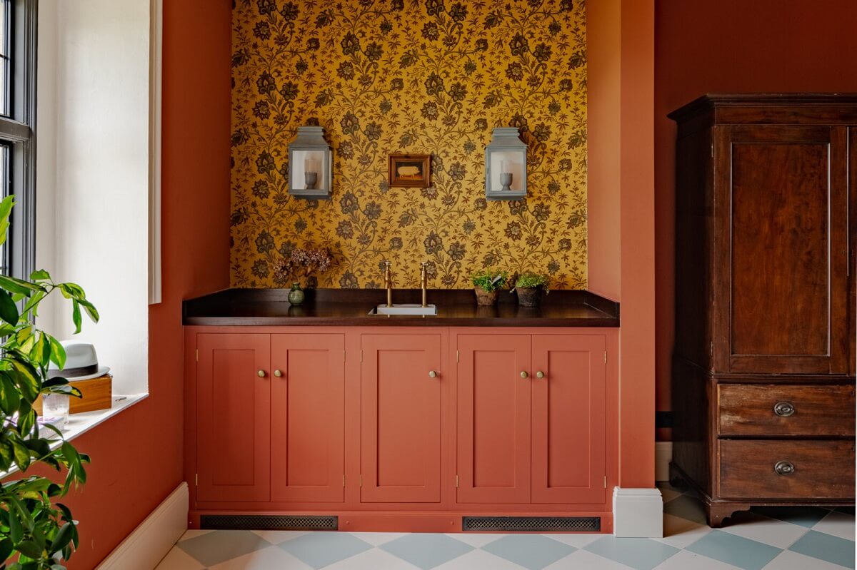 A Colorful Renovated Country House by Clarence & Graves 11 utility-room-house-of-hackney-wallpaper-coral-pink-cabinets-nordroom