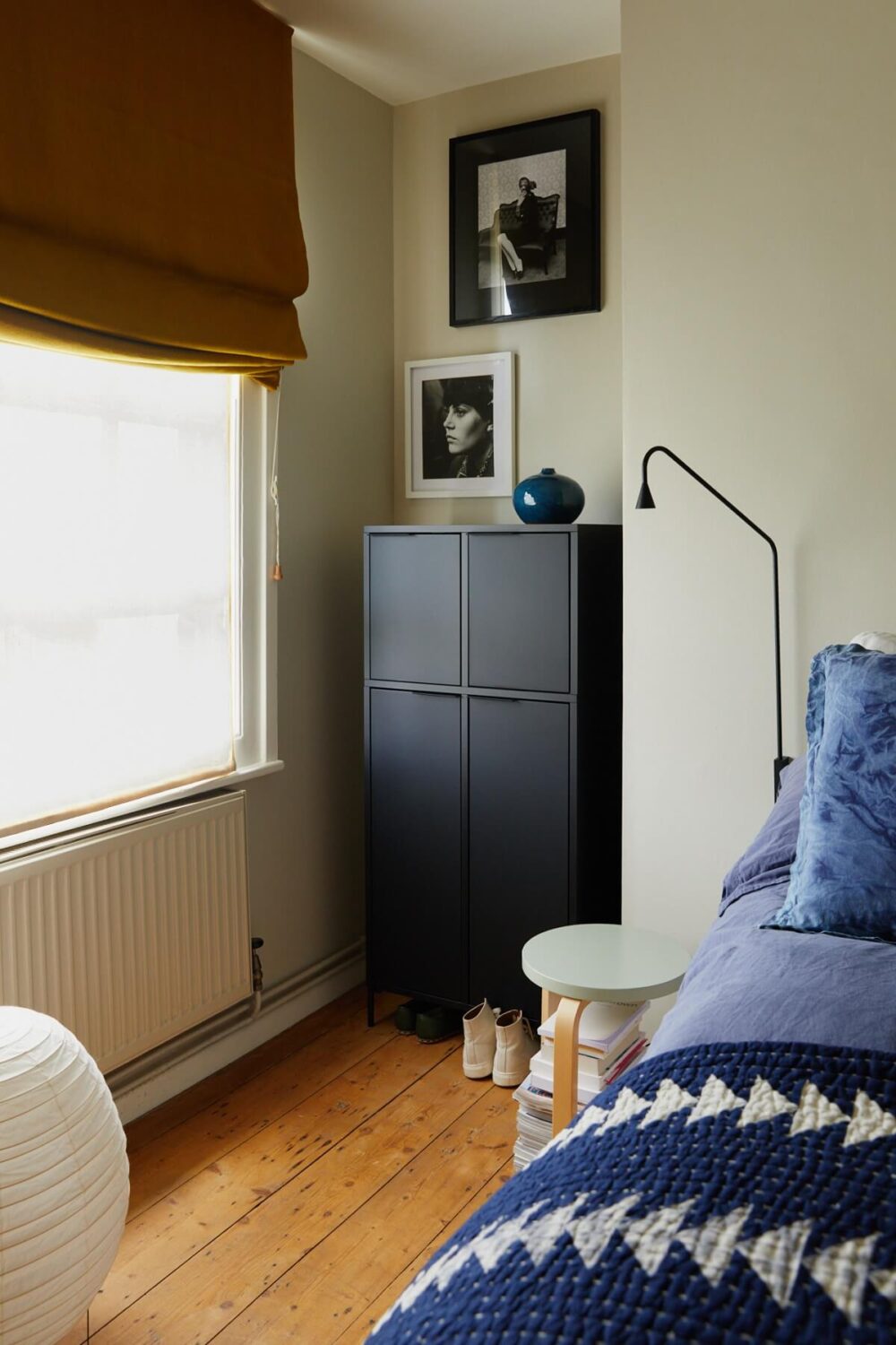 A London Apartment with a Small Blue deVOL Kitchen 10 yellow-curtain-wooden-floor-bedroom-nordroom