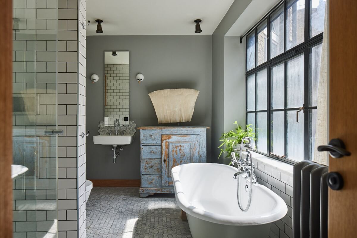 A Modern London Home with Custom Built Oak Furniture 23 bathroom-gray-green-walls-freestanding-bath-nordroom