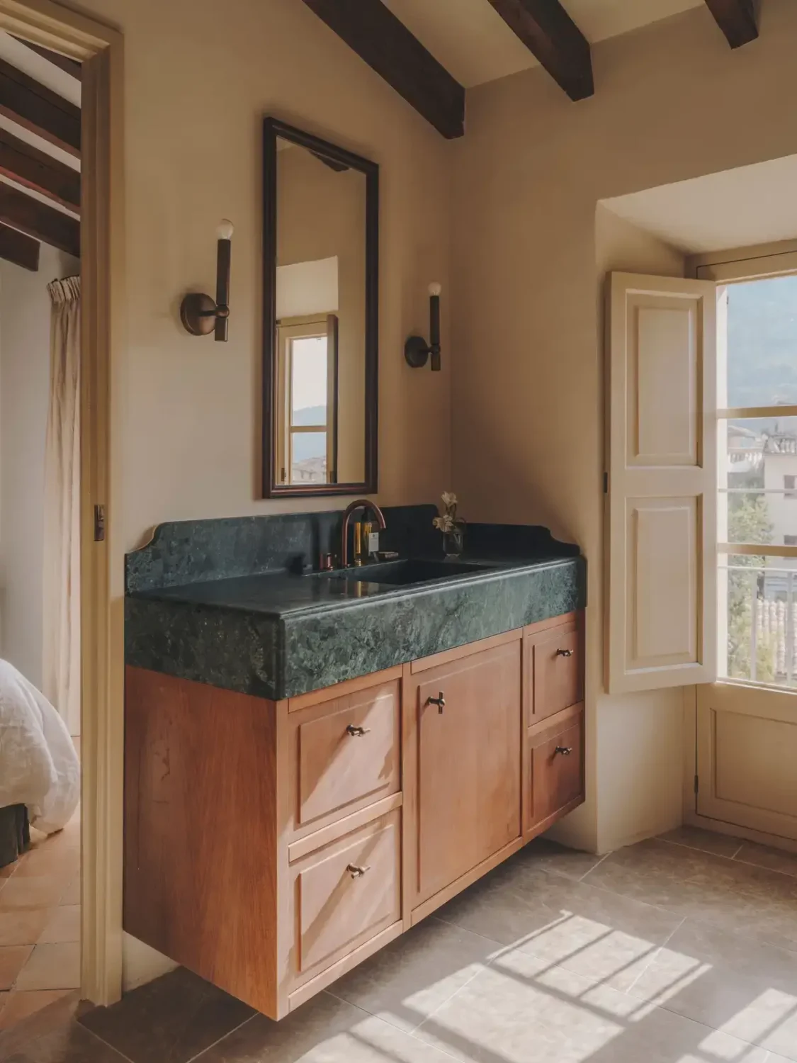 A Historic Townhouse on Majorca with a Striped Pool 25 bathroom-with-wooden-beams-shutters-nordroom