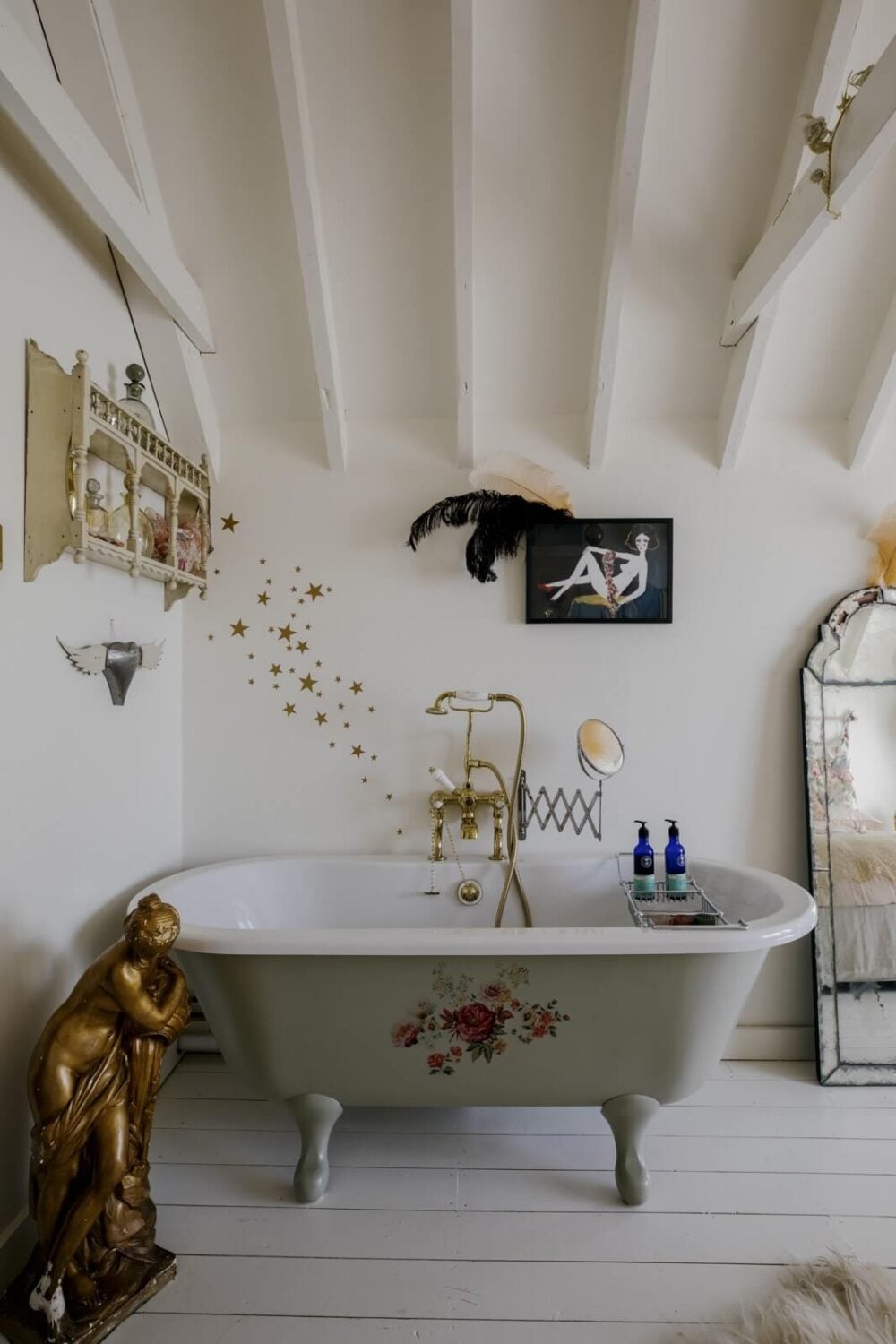 Pearl Lowe's Vintage Boho English Beach House is For Sale 15 bathroom-wooden-beams-clawfoot-bath-nordroom