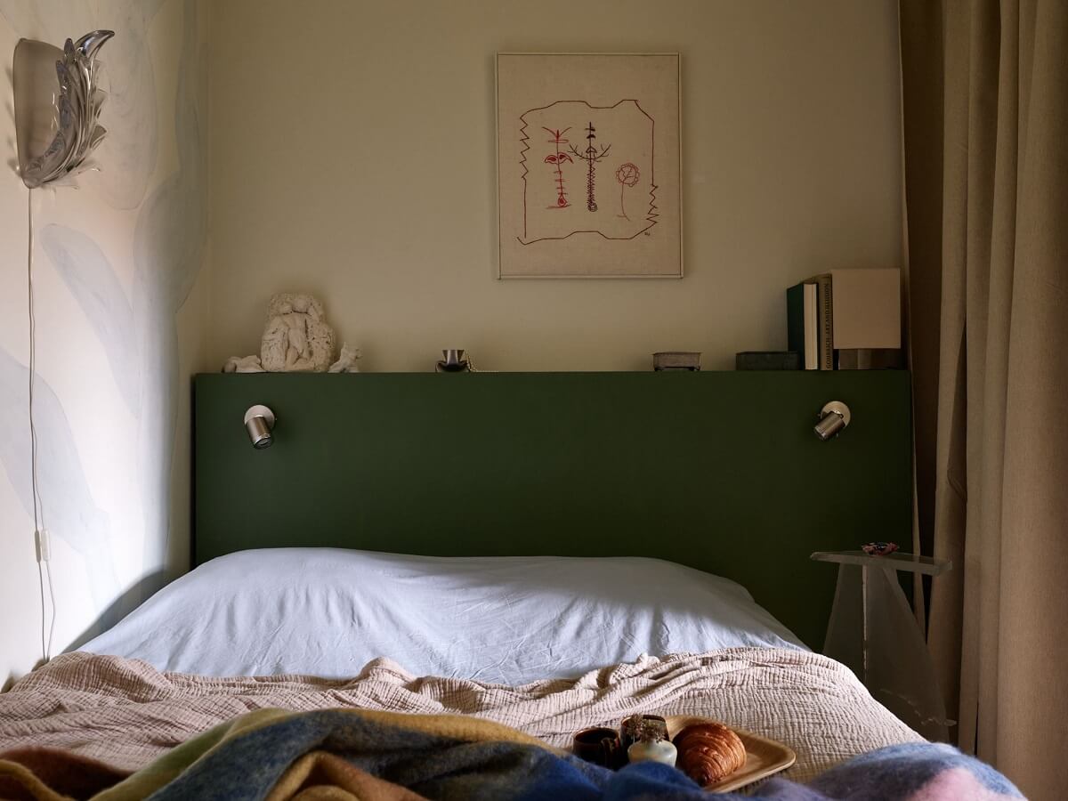 Sliding Glass Doors in a Scandinavian Apartment 10 bedroom-green-headboard-nordroom