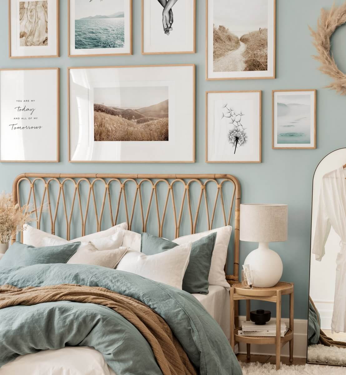 Sherwin-Williams Color of the Year 2024: Upward 33 bedroom-rattan-bed-blue-wall-earthy-color-accents-nordroom