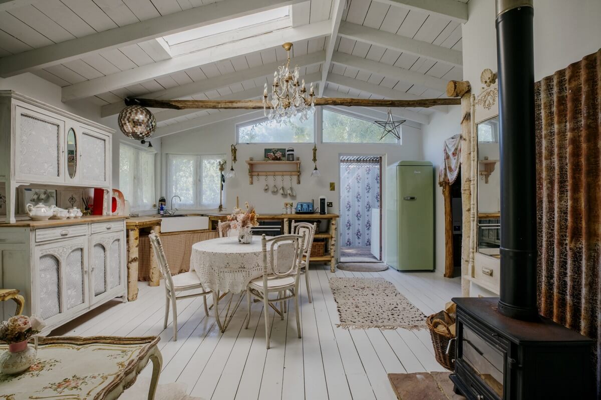 Pearl Lowe's Vintage Boho English Beach House is For Sale 20 cabin-guest-house-kitchen-space