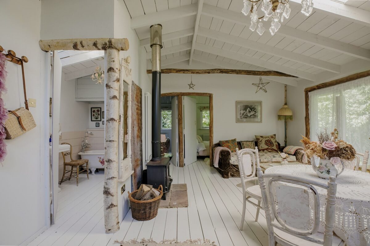 Pearl Lowe's Vintage Boho English Beach House is For Sale 19 cabin-guest-house-living-space-white-boho-aesthetic-nordroom