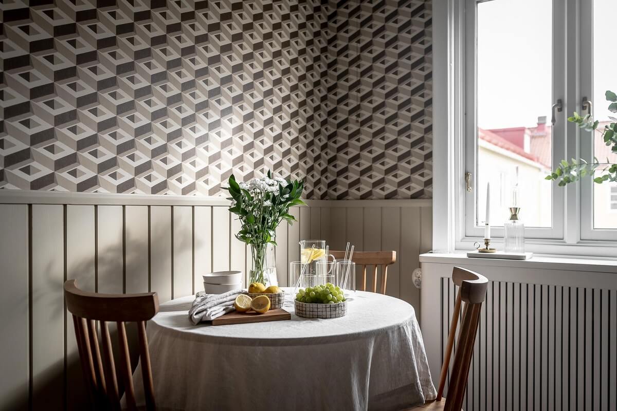 A Serene Studio Apartment with a Brown Kitchen 18 geometric-wallpaper-kitchen-dining-table-norroom