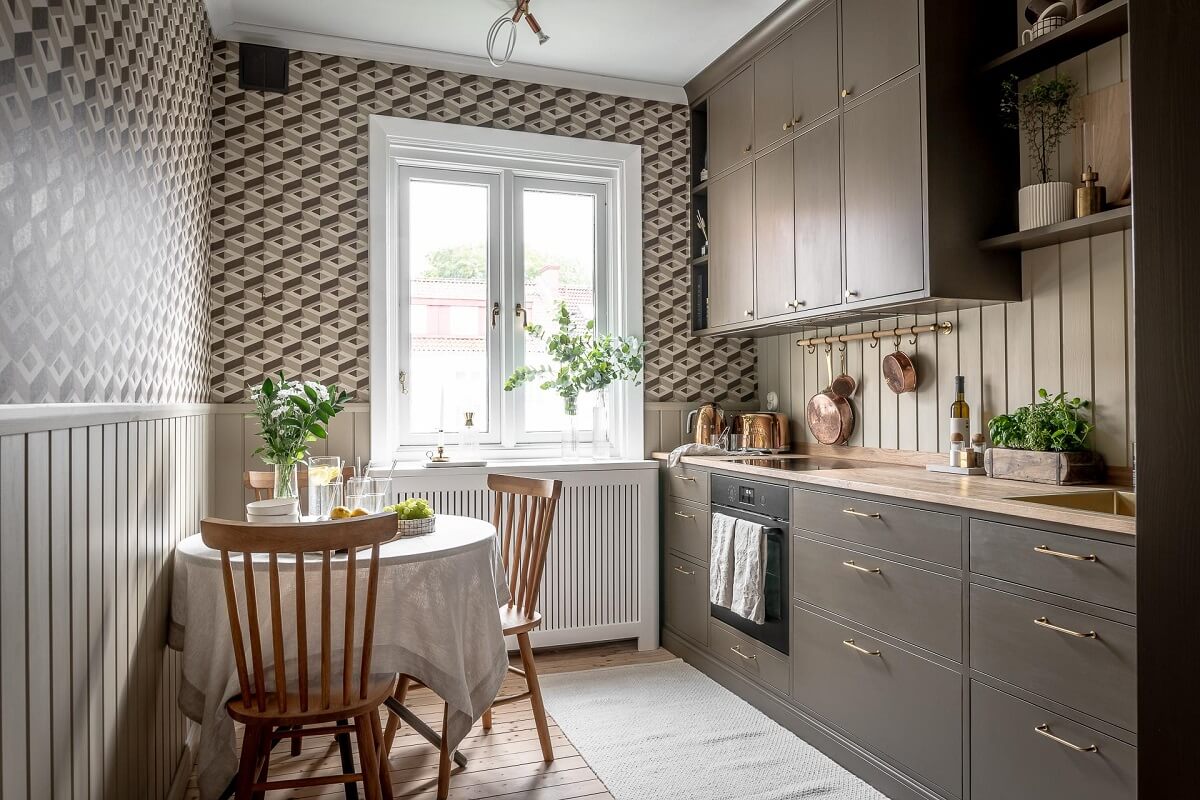 A Serene Studio Apartment with a Brown Kitchen 19 kitchen-brown-ikea-cabinets-geometric-wallpaper-nordroom