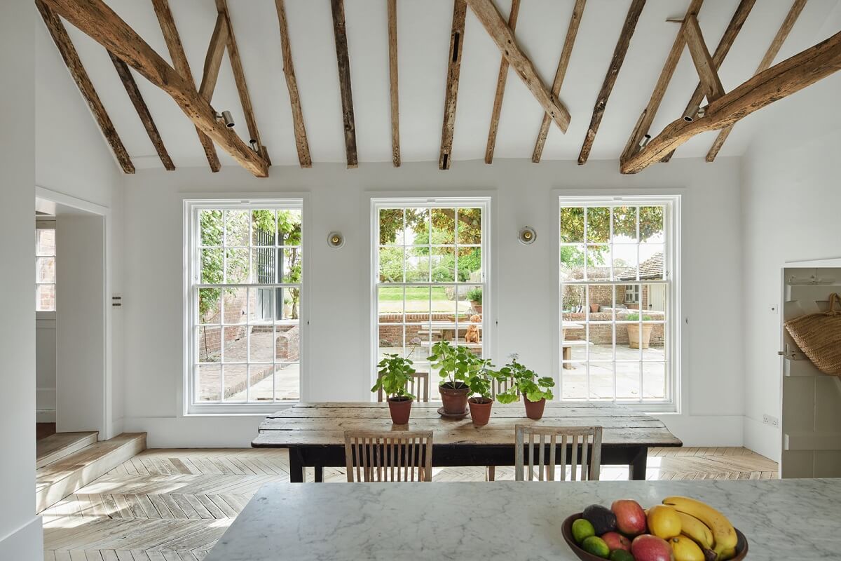 A Restored Georgian House with a Walled Garden 7 kitchen-pitched-ceiling-exposed-wooden-beams-ordroom