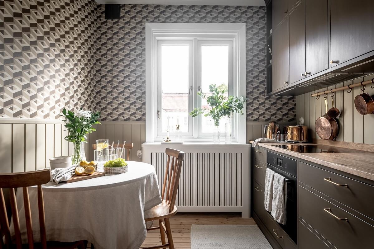 A Serene Studio Apartment with a Brown Kitchen 10 kitchen-round-table-boxes-borastapeter-wallpaper-nordroom