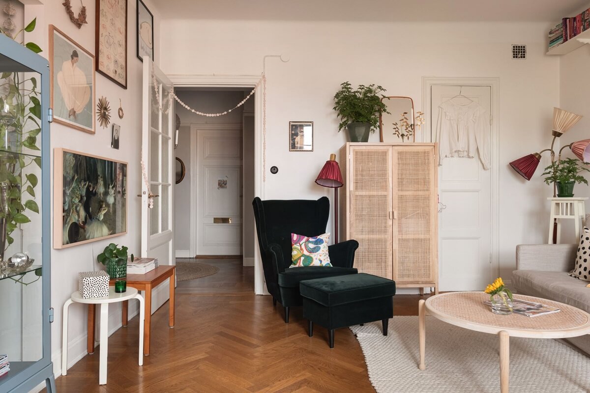 A Lovely Swedish Apartment with William Morris Bedroom 8 living-room-velvet-green-armchair-nordroom