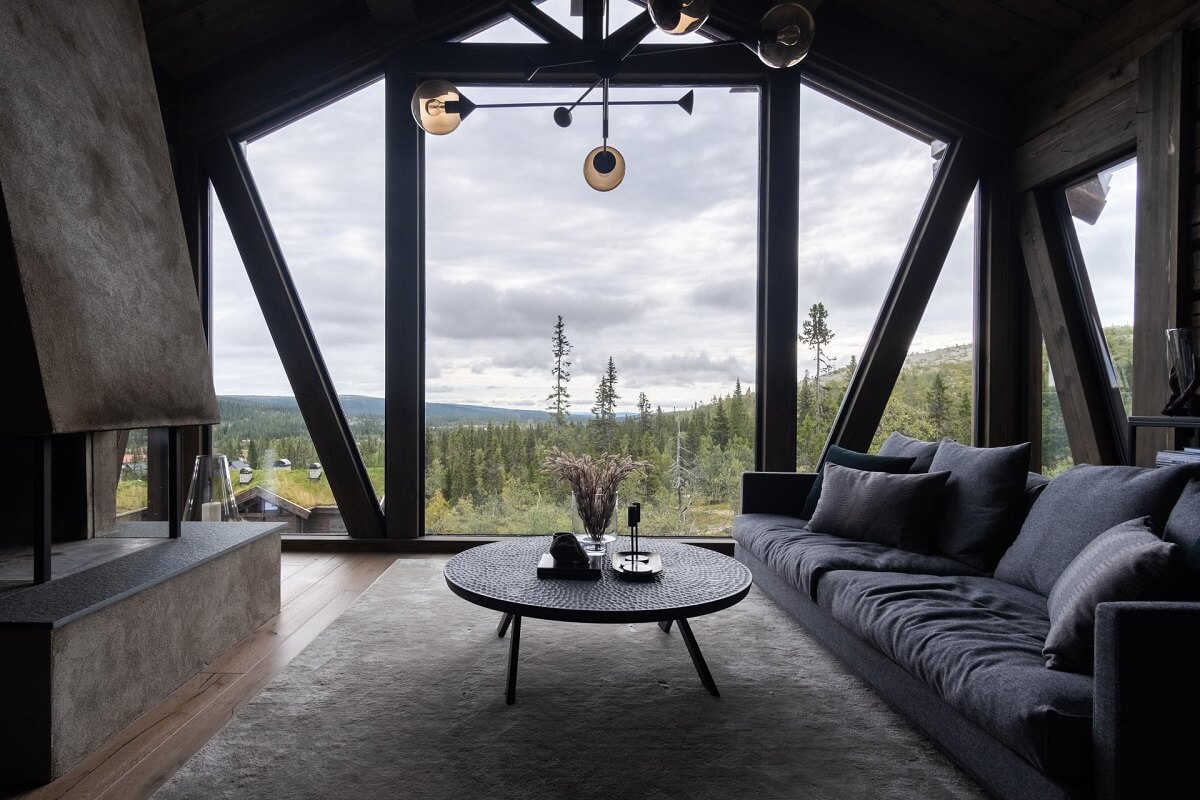 A Modern Rustic Log House in Sweden 4 living-room-with-a-view-floor-to-ceiling-windows-nordroom