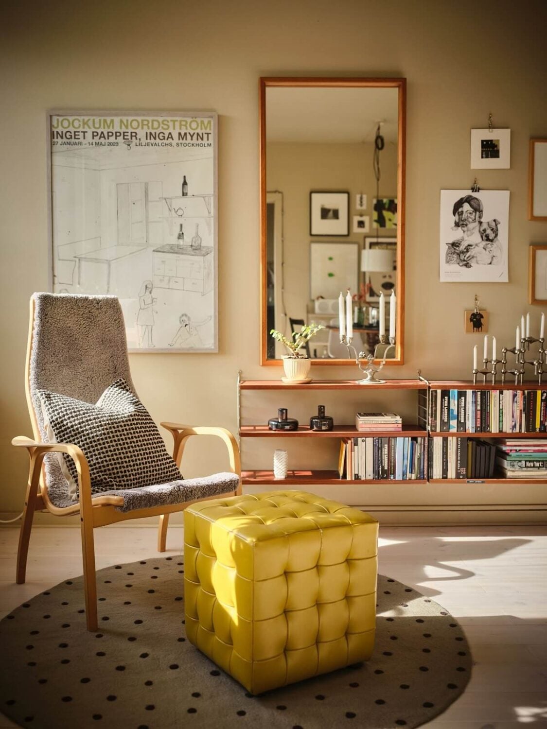 A Serene Beige Apartment with Two Balconies 3 lounge-chair-yellow-cube-pouf-nordroom