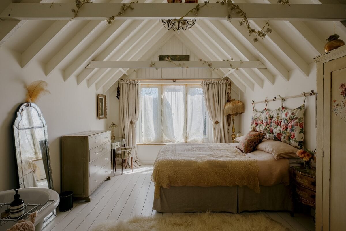 Pearl Lowe's Vintage Boho English Beach House is For Sale 11 master-bedroom-vaulted-ceiling-vintage-boho-beach-house-pearl-lowe-nordroom