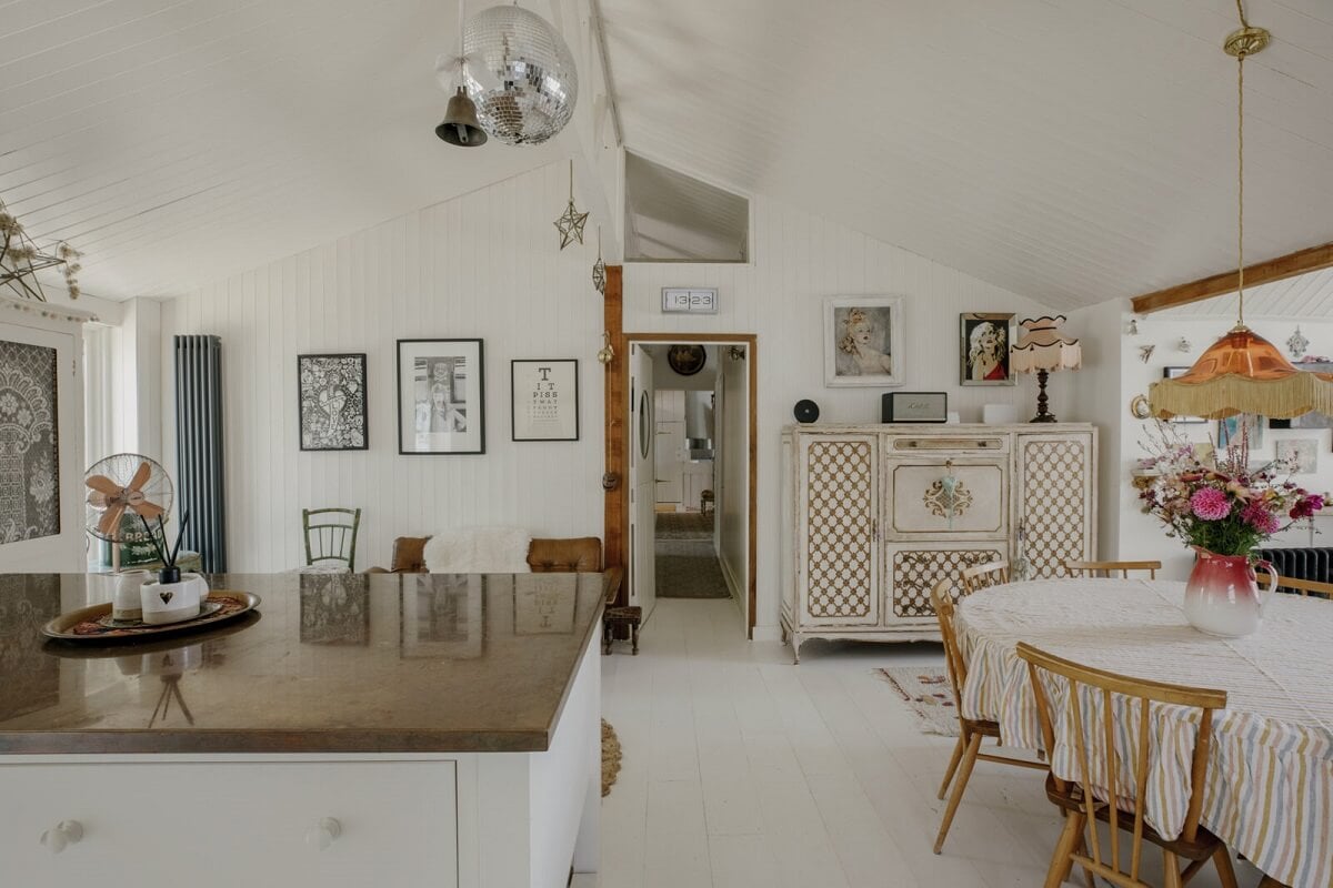 Pearl Lowe's Vintage Boho English Beach House is For Sale 4 open-plan-living-kitchen-pearl-lowe-beach-house-nordroom