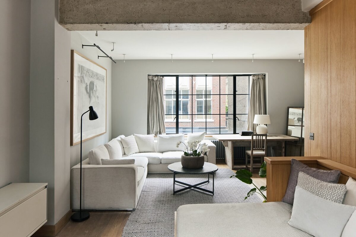 A Modern London Home with Custom Built Oak Furniture 11 open-plan-lving-room-white-corner-sofa-desk-nordroom