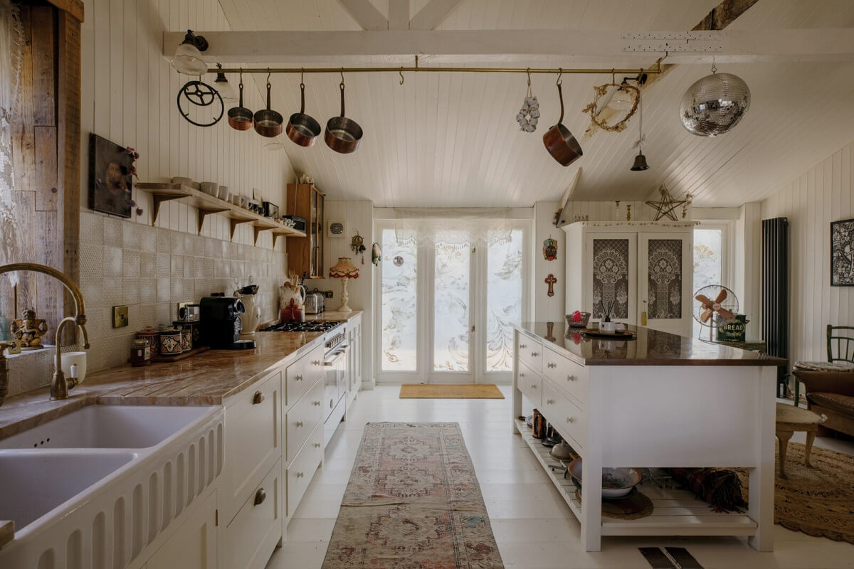 Pearl Lowe's Vintage Boho English Beach House is For Sale 2 pearl-lowe-beach-house-devol-kitchen-island-nordroom