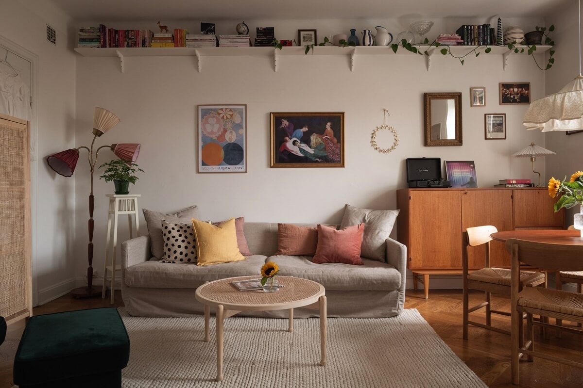 A Lovely Swedish Apartment with William Morris Bedroom 6 scandinavian-living-room-high-shelf-nordroom