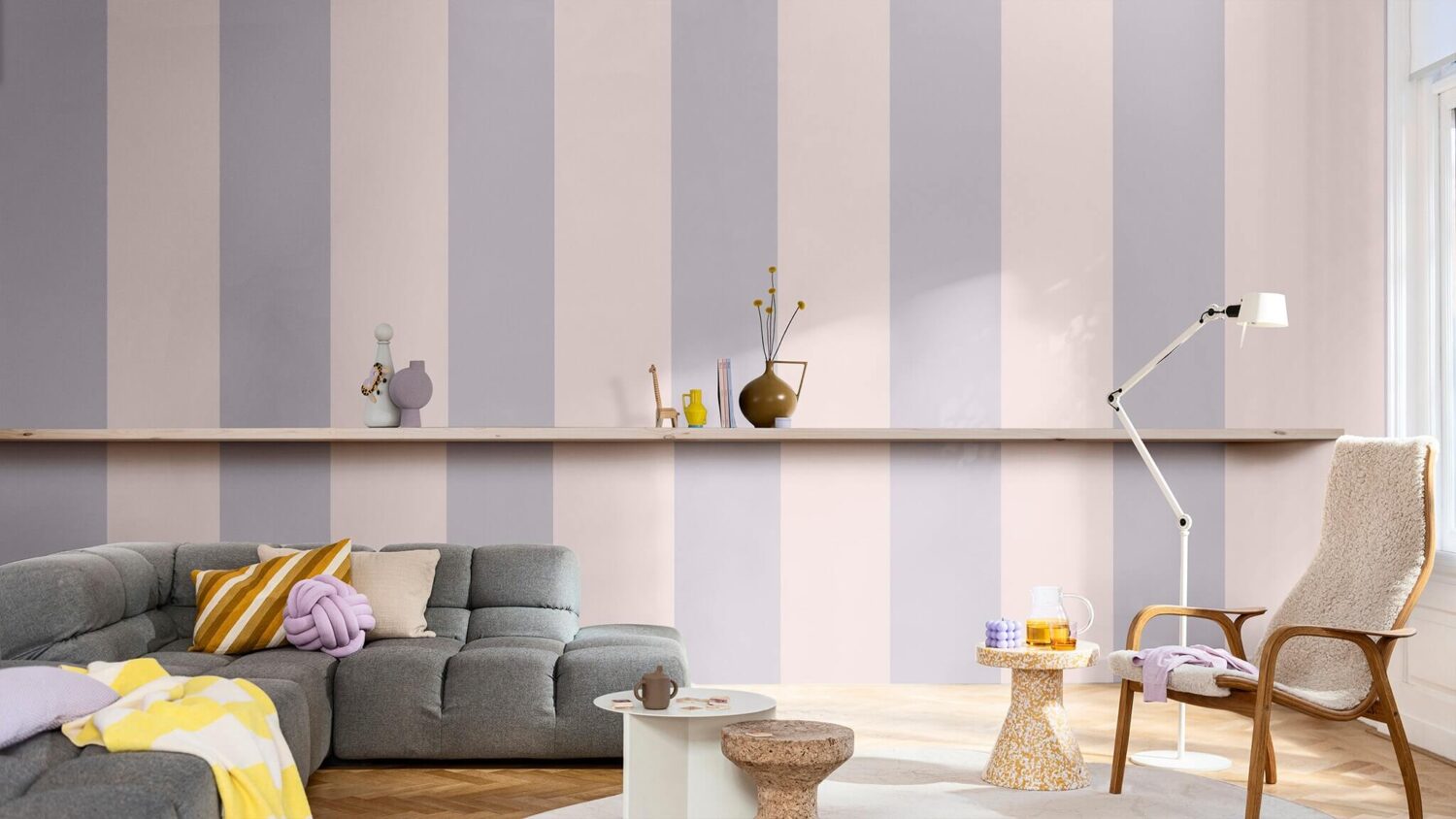 Dulux Colour of the Year 2024: Sweet Embrace 28 uplifting-colour-story-livingroom-inspiration-vertical-stripes-feature-wall-nordroom