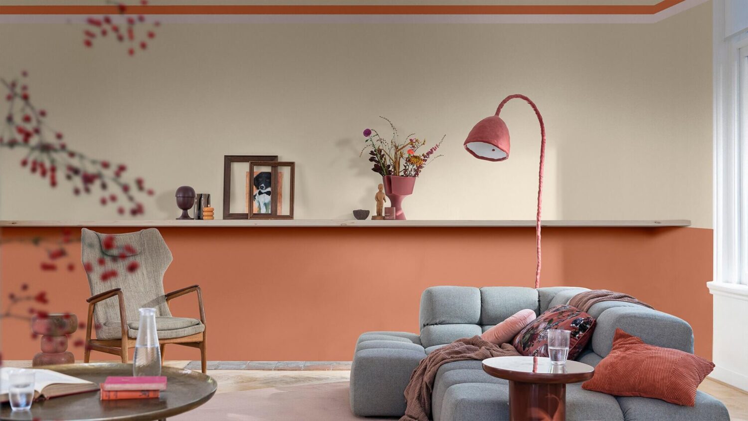 Dulux Colour of the Year 2024: Sweet Embrace 6 warm-colour-story-livingroom-Inspiration-two-tone-wall-nordroom