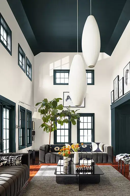 Benjamin Moore Color of the Year 2024: Blue Nova 14 Great-Room-Green-Ceiling-Trim-White-Paint-benjamin-moore