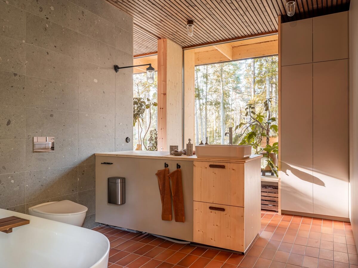An Architectural Wooden Home with Open Spaces 18 bathroom-tile-floor-wooden-accent-wall-nordroom