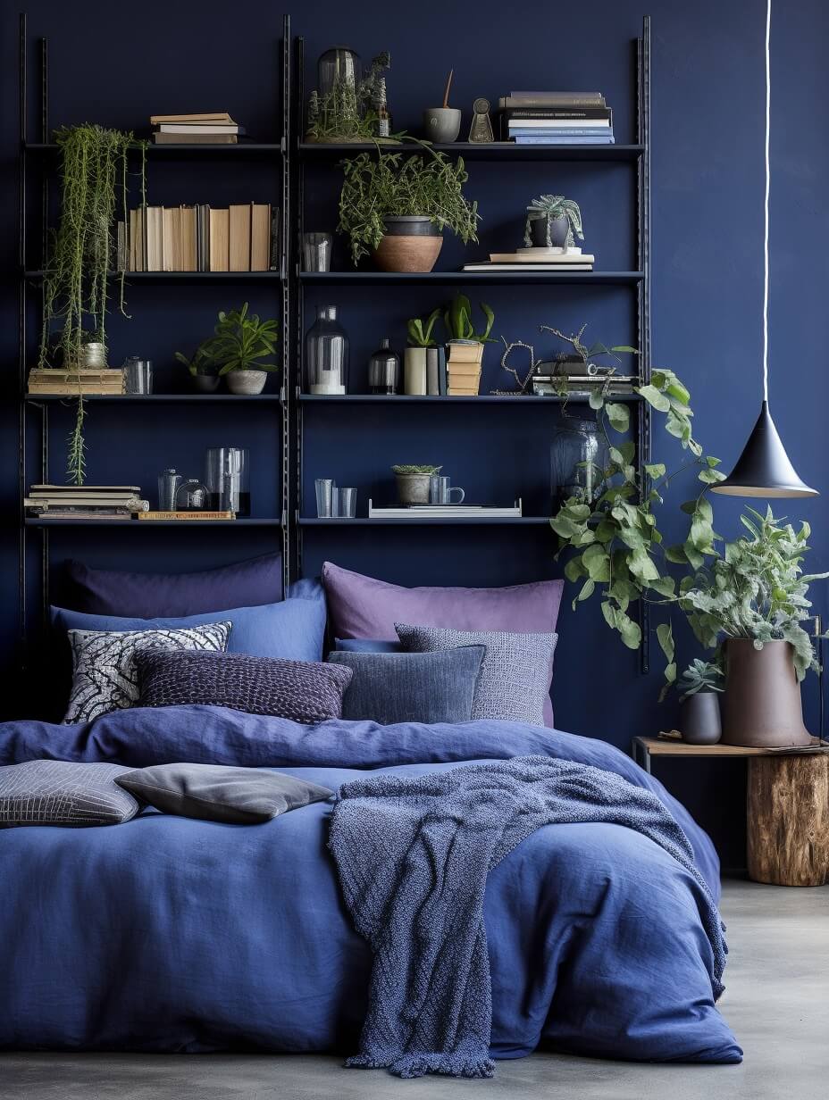 Benjamin Moore Color of the Year 2024: Blue Nova 17 blue bedroom bookshelves plants