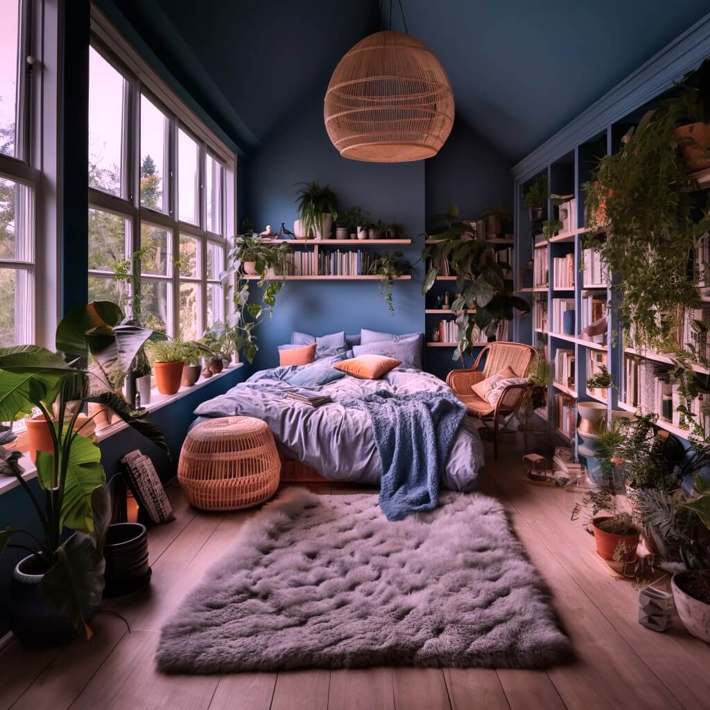 Benjamin Moore Color of the Year 2024: Blue Nova 3 blue-bedroom-bookshelves-benjamin-moore-nova-blue-nordroom