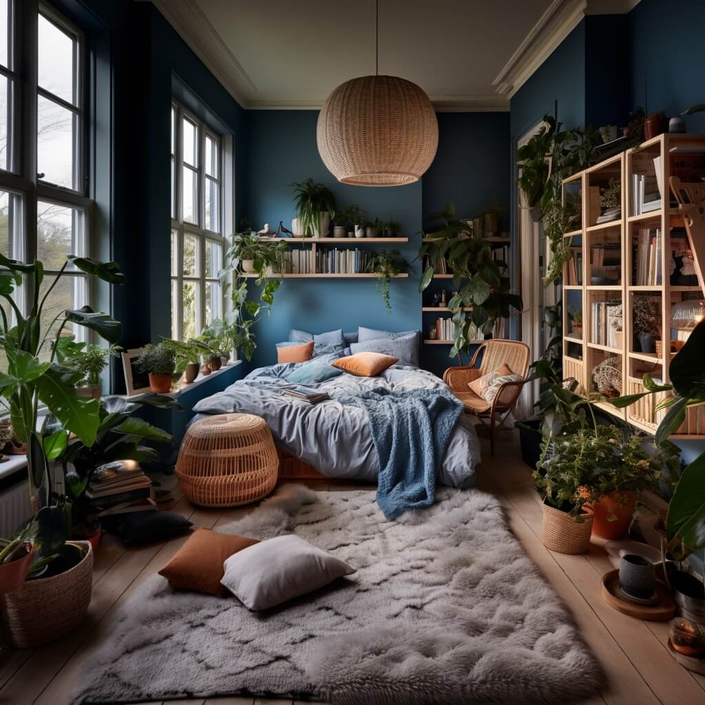 Interior Design Trends for 2024: Comfort, Nature, and Warmth 33 blue-bedroom-plants-bookcase-cozy-textiles-interior-trends-nordroom