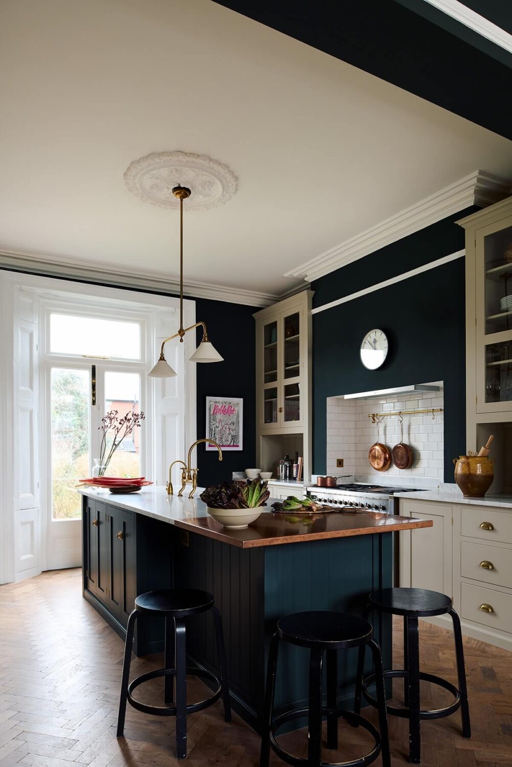 A Green and Greige deVOL Kitchen in a Victorian Townhouse 2 devol-kitchen-island-bar-stools-dark-green-walls-nordroom