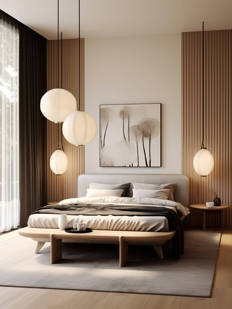 Interior Design Trends for 2024: Comfort, Nature, and Warmth 49 japandi-bedroom-pendant-lights-wood-accent-wall-interior-trends-nordroom