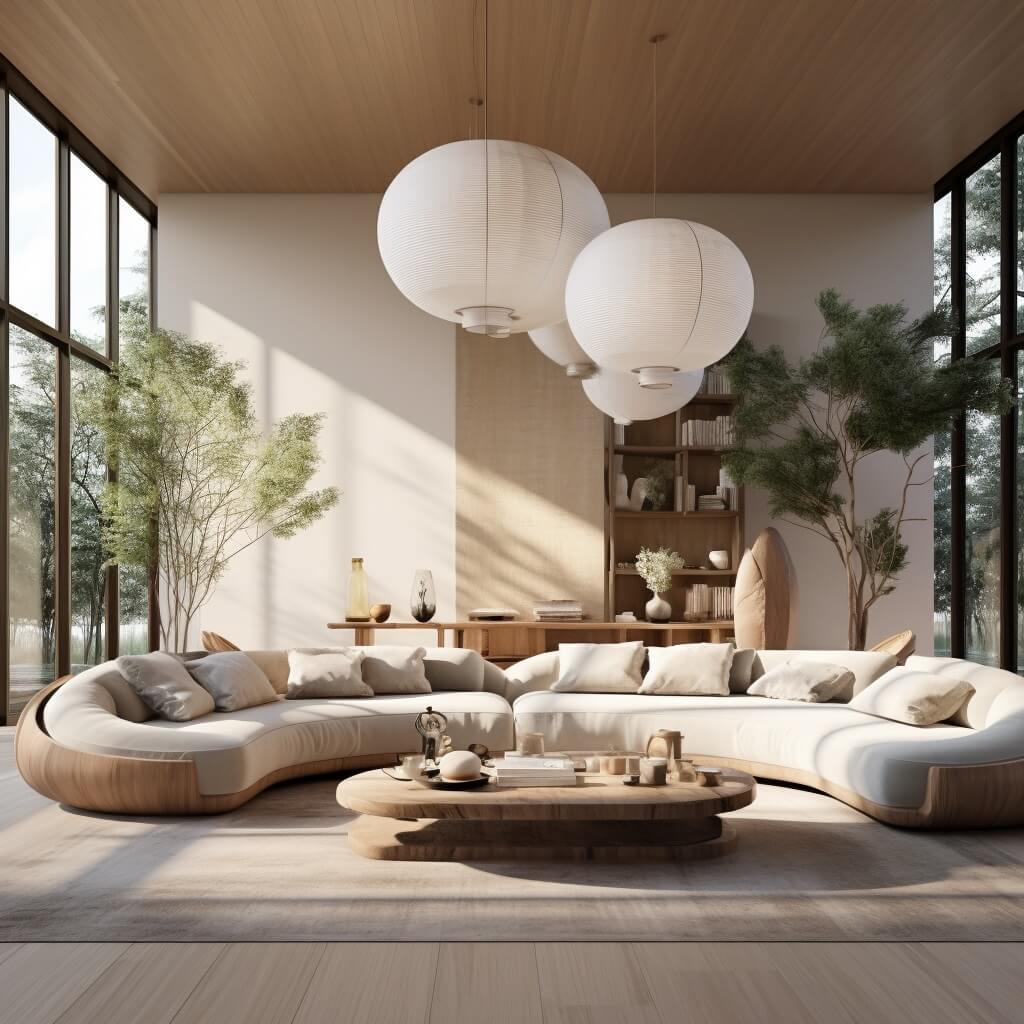 Interior Design Trends for 2024: Comfort, Nature, and Warmth 50 japandi-living-room-pendant-curved-sofa-interior-design-trends-2024-nordroom