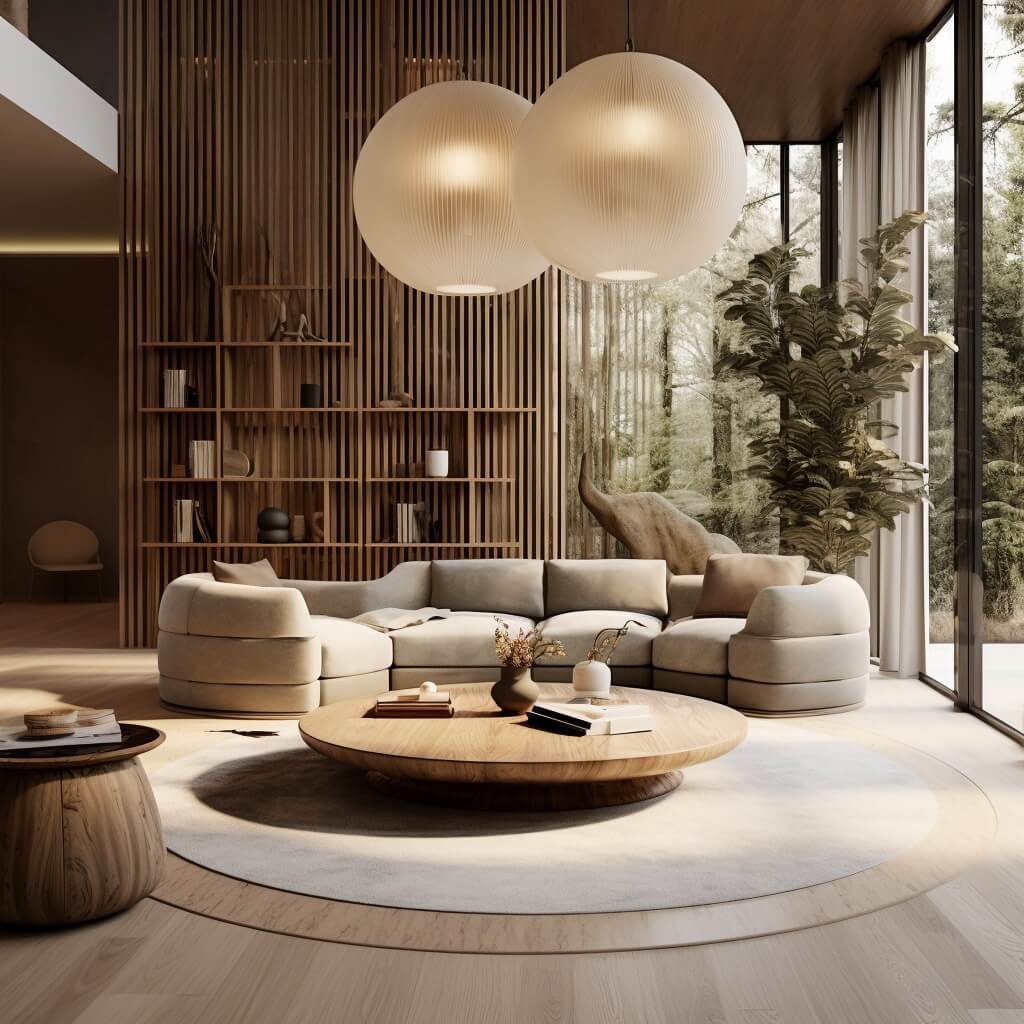 Interior Design Trends for 2024: Comfort, Nature, and Warmth 51 japandi-living-room-wood-accent-wall-round-rugs-interior-trends-2024-nordroom