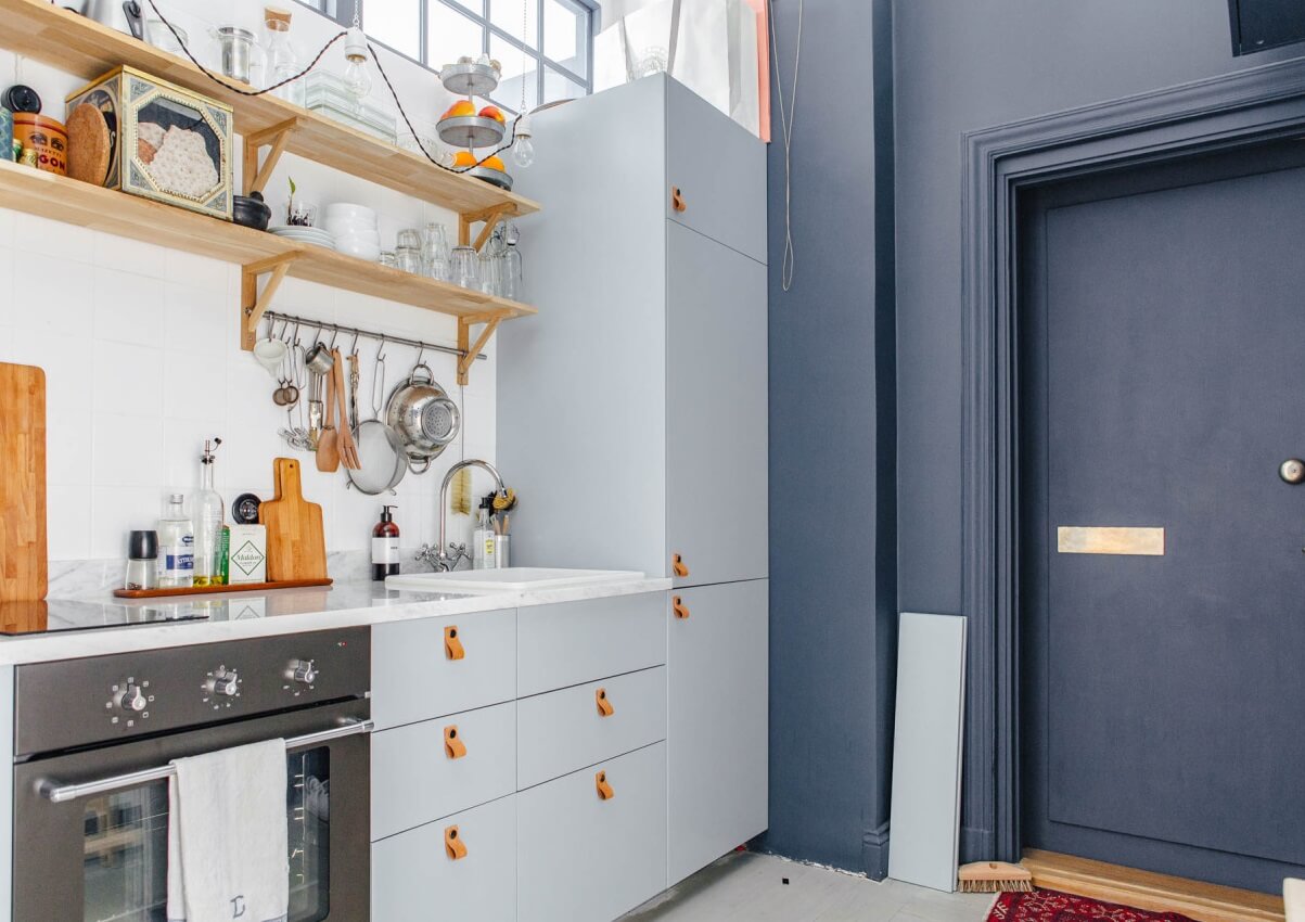 Benjamin Moore Color of the Year 2024: Blue Nova 19 kitchen-two-blue-shades-wooden-shelves-nordroom