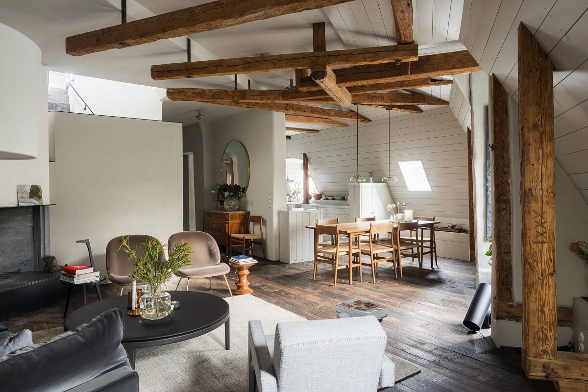 A Stylish Penthouse Apartment with Exposed Beams 8 living room nordic penthouse wooden beams