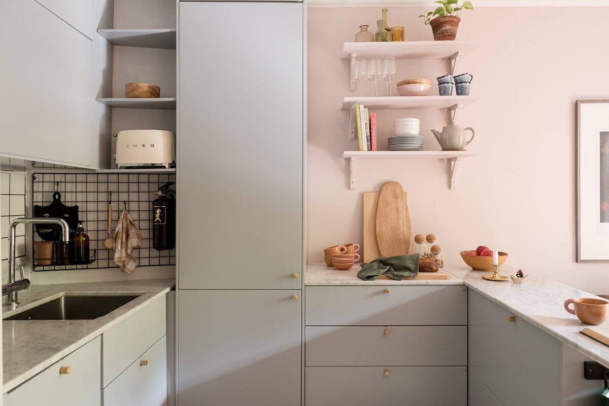 A Charming Open Plan Swedish Apartment 6 modern-light-gray-kitchen-with-shelves
