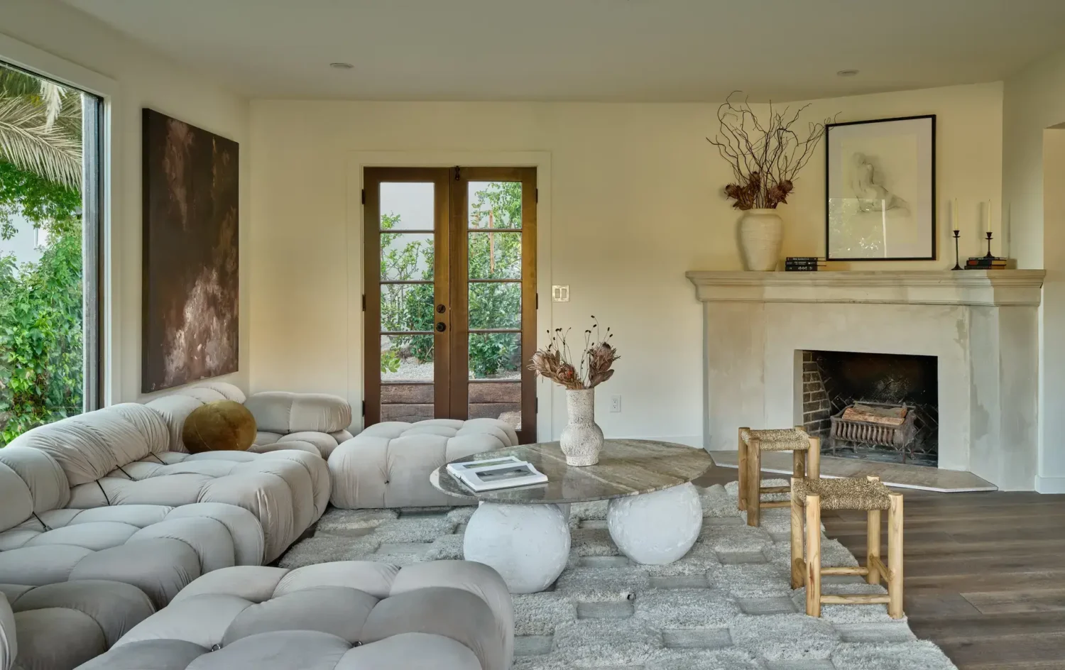 A Renovated Spanish Style Home in Hollywood Hills 18 neutral-living-room-large-sofa-textured-sofa-nordroom