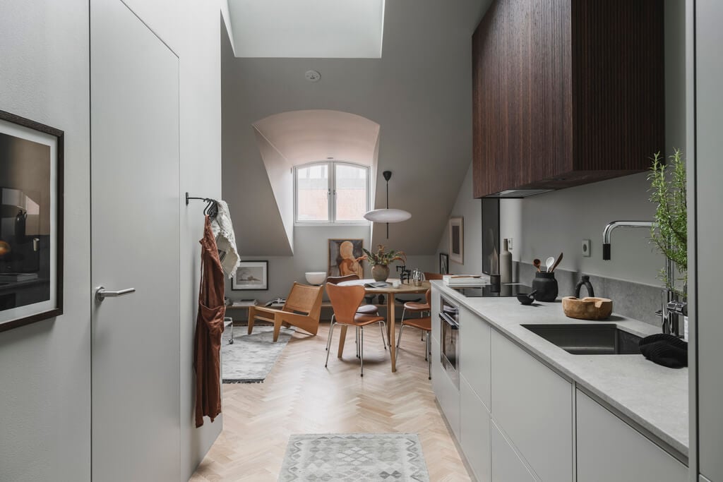 A Stylish Modern Gray Attic Apartment 10 open-plan-kitchen-living-space-attic-apartment-nordroom
