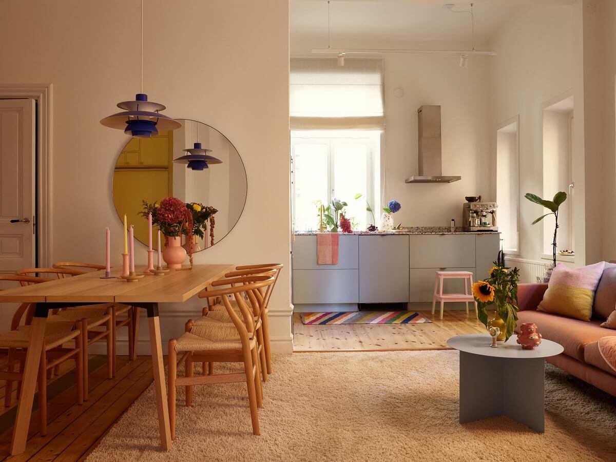 A Small Stockholm Apartment Filled with Color 6 open-plan-living-room-kitchen
